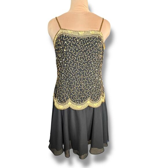 Vintage Beaded Black Gold Drop Waist Metallic Sequin Cocktail Dress Sleeveless 4 - Picture 2 of 14